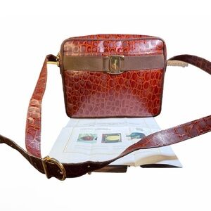 Salvatore Ferragamo Red-Brown Croc-Embossed Crossbody Bag